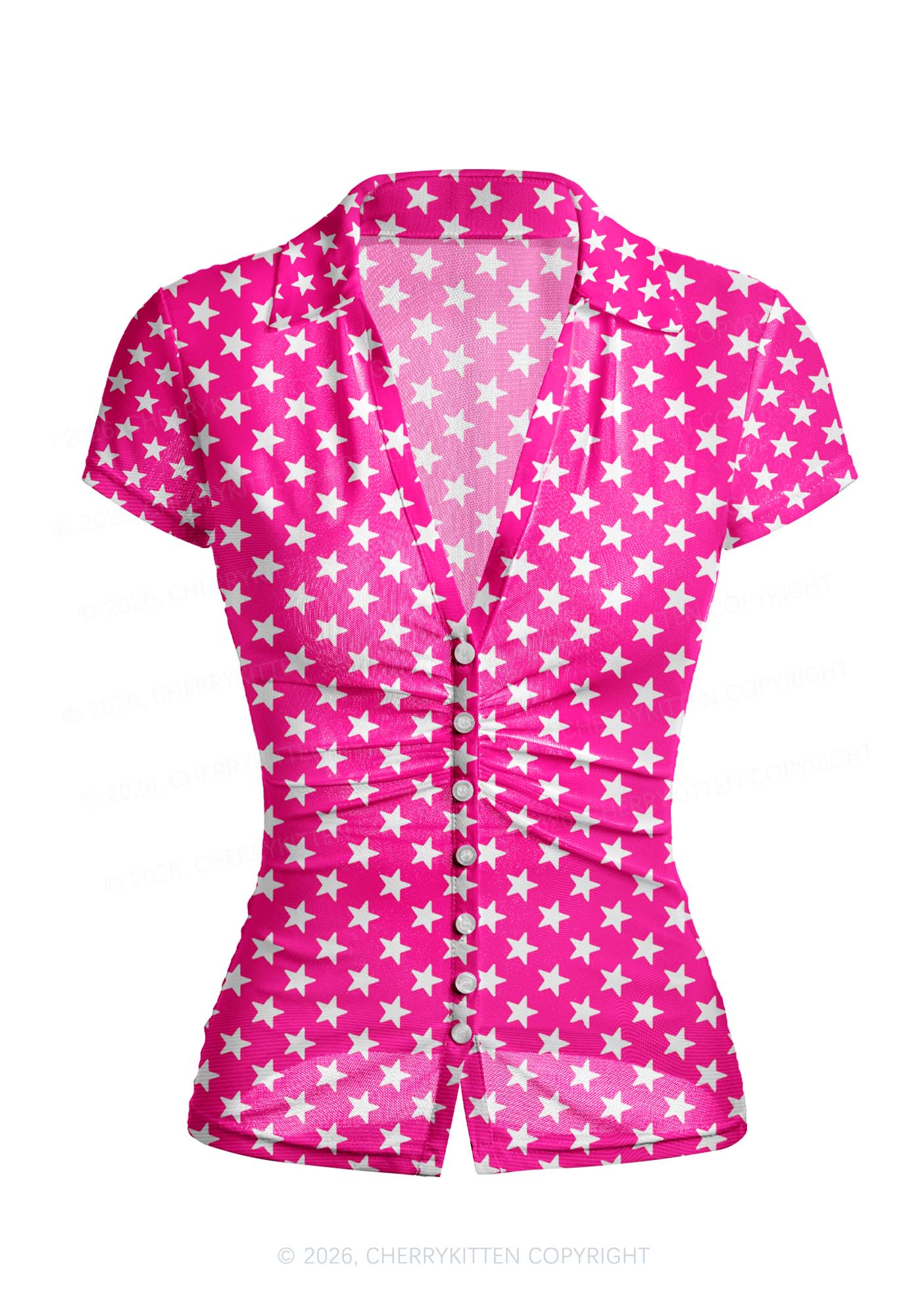 White Stars On Pink Y2K Mesh Ruched  Waist  V Neck Top Cherrykitten