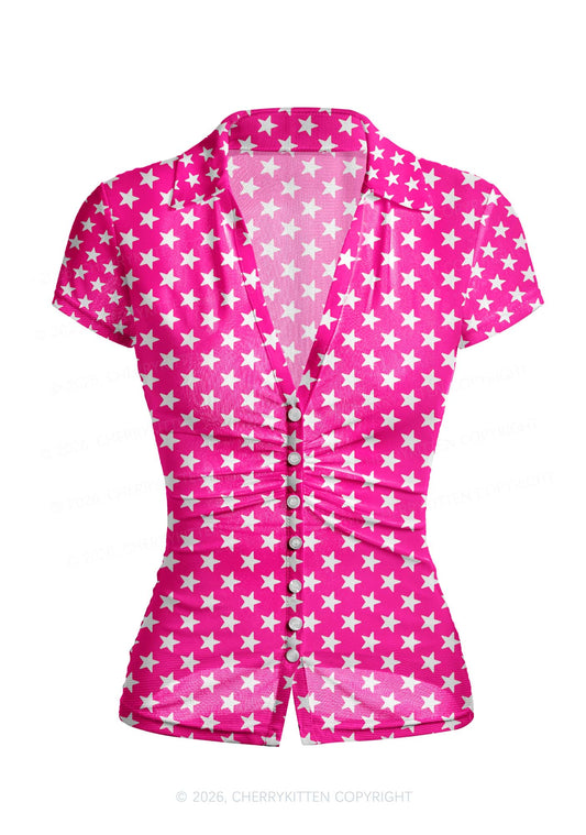 White Stars On Pink Y2K Mesh Ruched  Waist  V Neck Top Cherrykitten