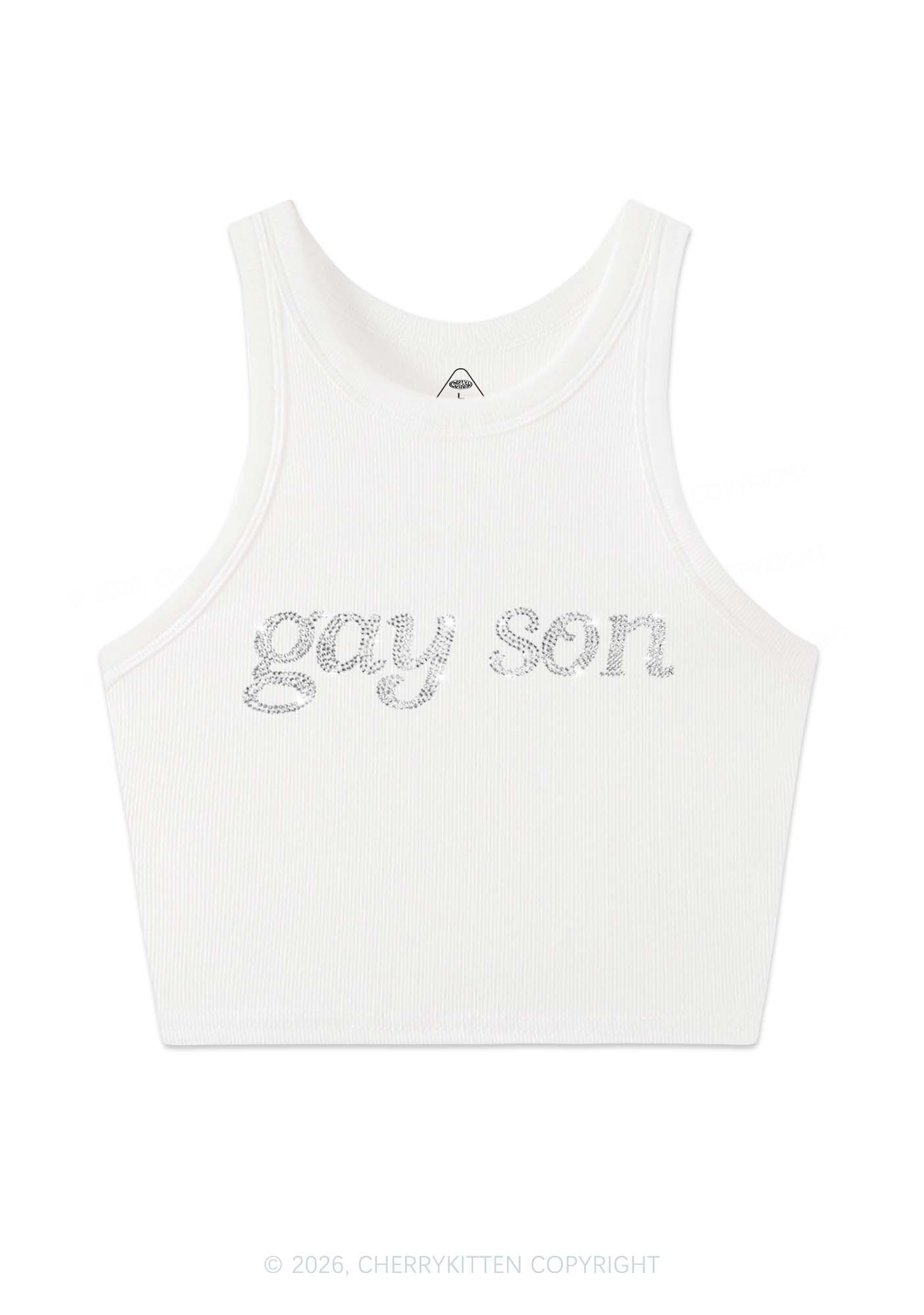 Rhinestone Gay Son Pride Y2K Crop Tank Top Cherrykitten