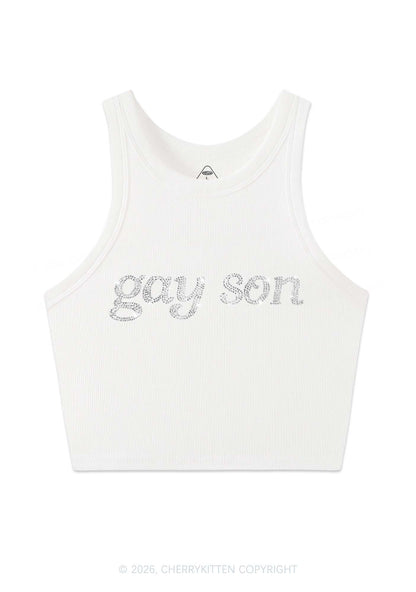 Rhinestone Gay Son Pride Y2K Crop Tank Top Cherrykitten