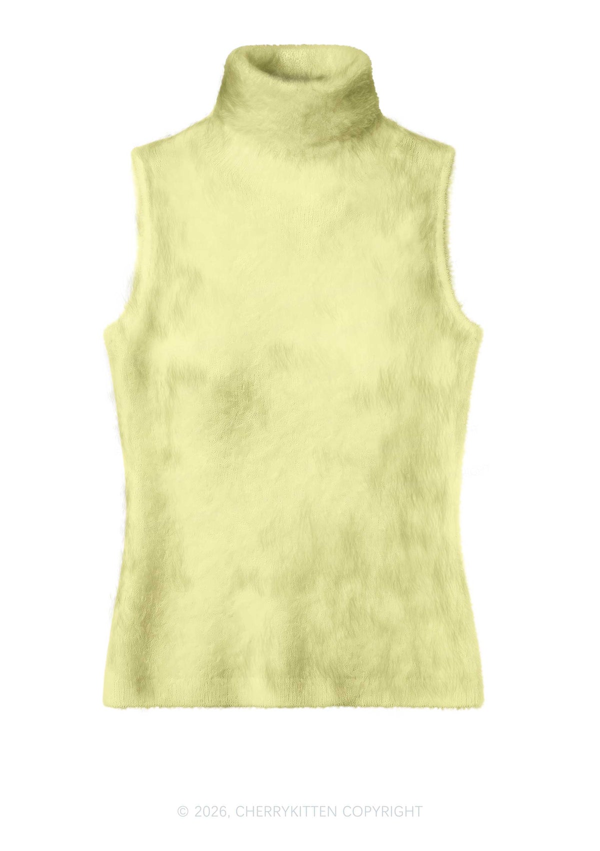 Plain Pale Yellow Y2K Knit Turtleneck Tank Top Cherrykitten