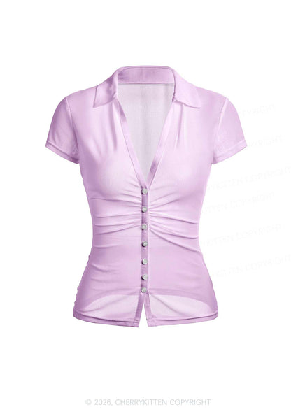 Light Purple Plain Y2K Mesh Ruched Waist V Neck Top Cherrykitten