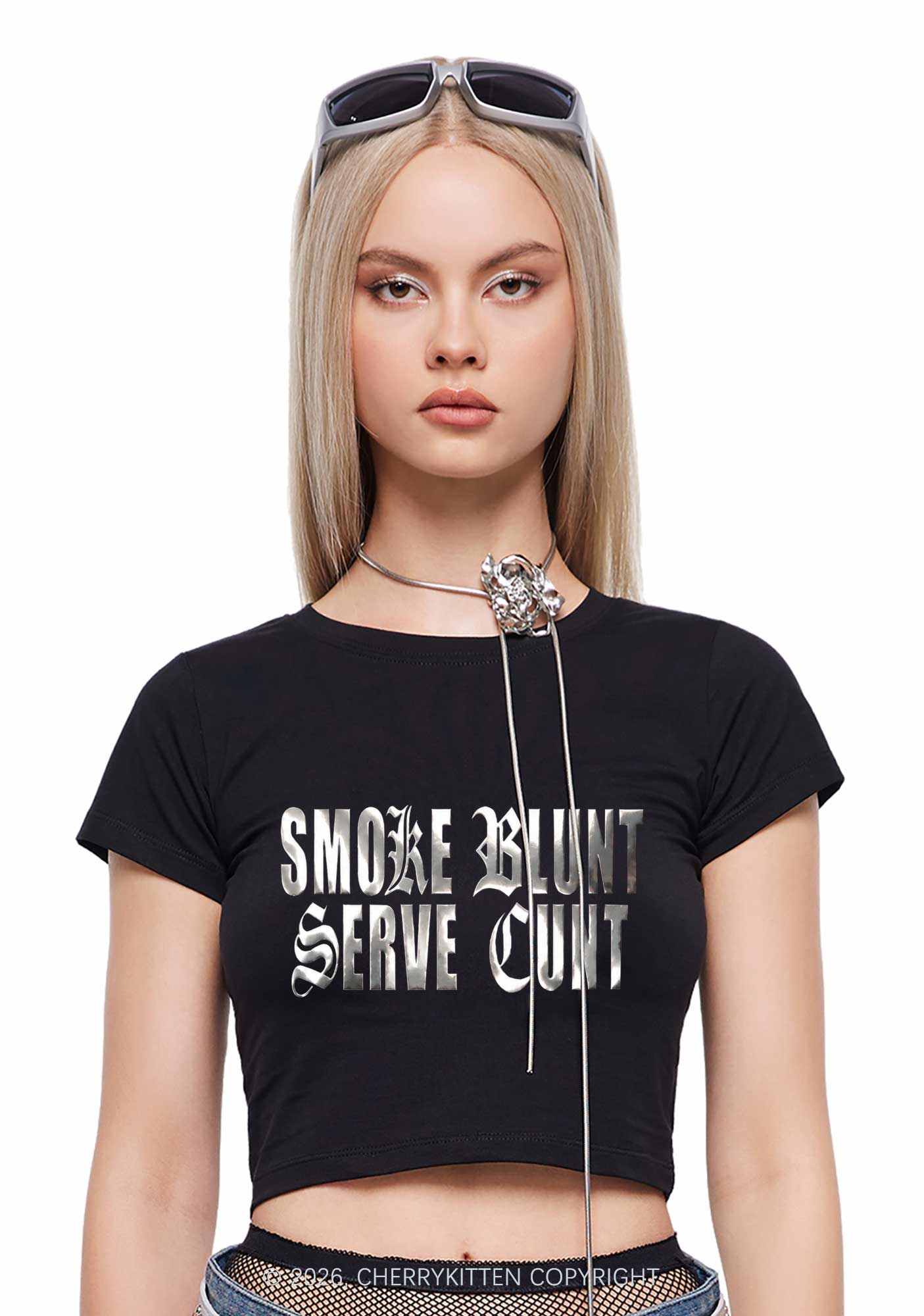 Smoke Blunt Silver Foil Printed Y2K Baby Tee Cherrykitten