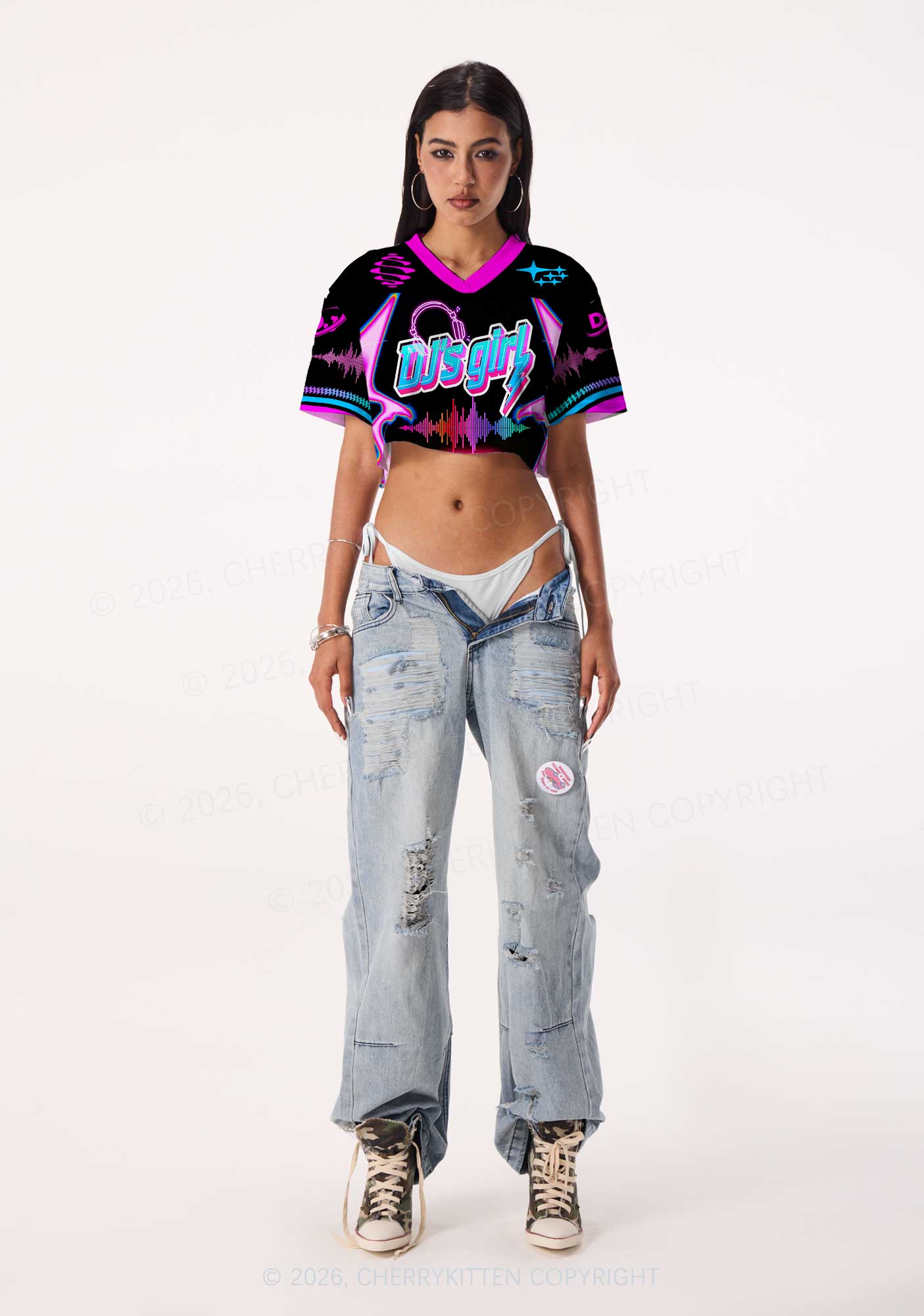 DJs Girl Neon Boombox Y2K Crop Sport Jersey Shirts Cherrykitten