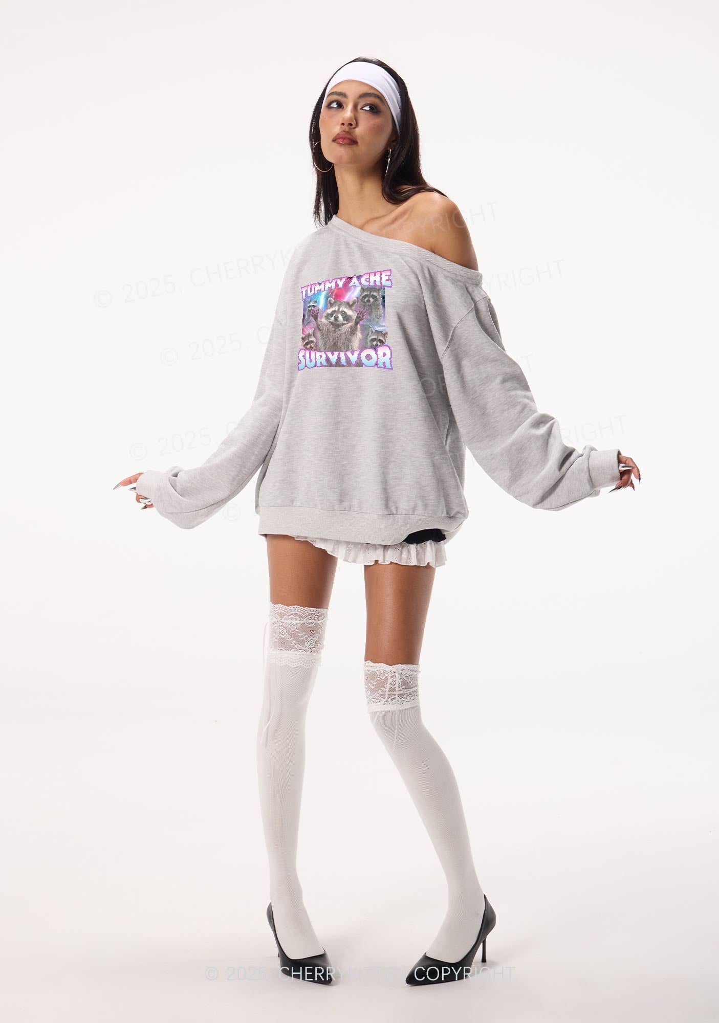 Tummy Ache Survivor Raccoon Y2K Off Shoulder Sweatshirts Cherrykitten