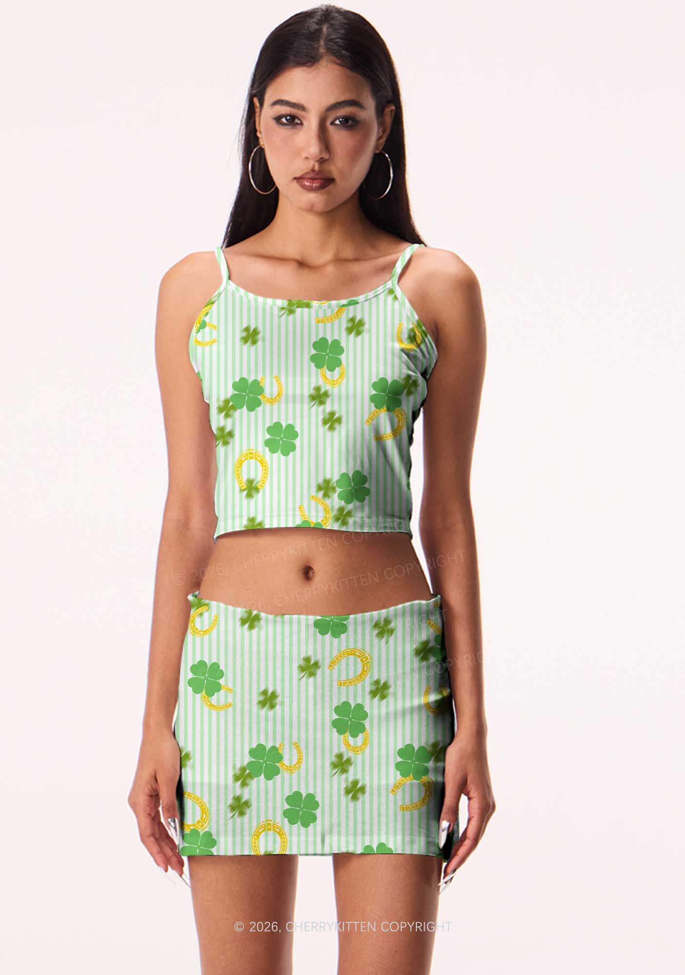 Green Stripe Clover Horseshoe St Patricks Y2K Print Mini Skirt Cherrykitten