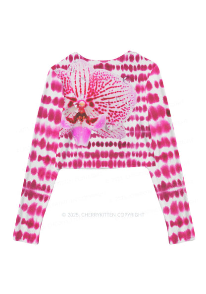 Pink Orchid Dewdrops Y2K Mesh Long Sleeve Crop Top Cherrykitten
