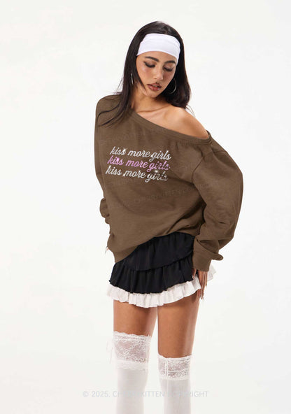 Rhinestone Kiss More Girls Pride Y2K Off Shoulder Sweatshirts Cherrykitten