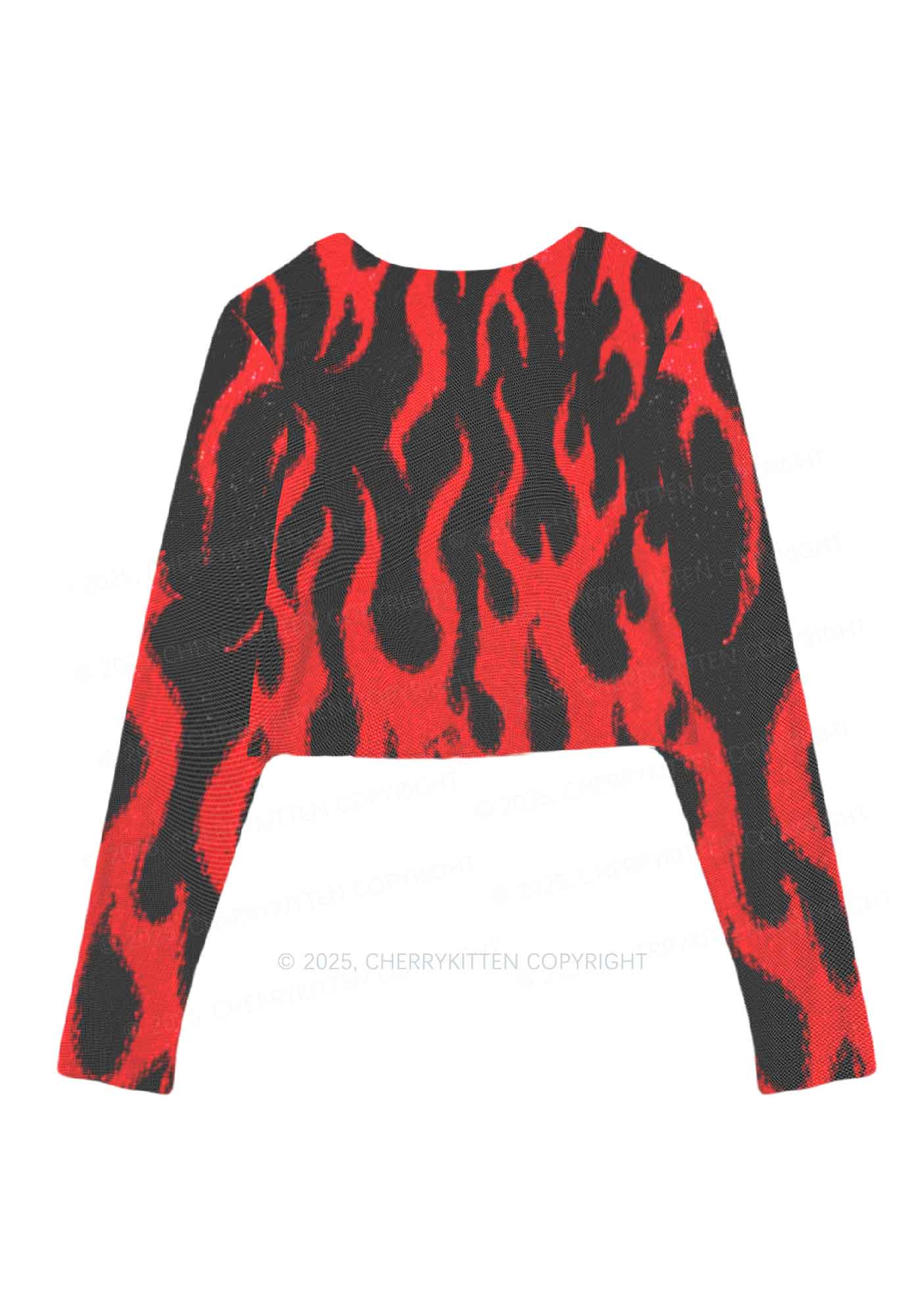 Glitter Flame Y2K Mesh Long Sleeve Crop Top Cherrykitten