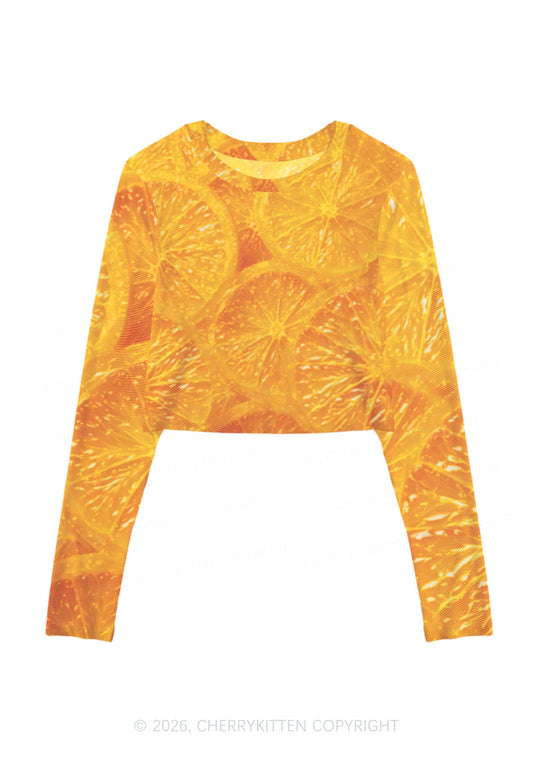 Orange Slice Y2K Mesh Long Sleeve Crop Top Cherrykitten