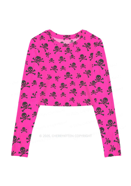 Hot Pink Skulls Y2K Mesh Long Sleeve Crop Top Cherrykitten