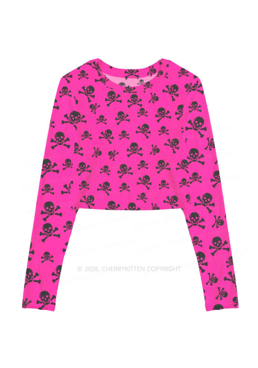 Hot Pink Skulls Y2K Mesh Long Sleeve Crop Top Cherrykitten