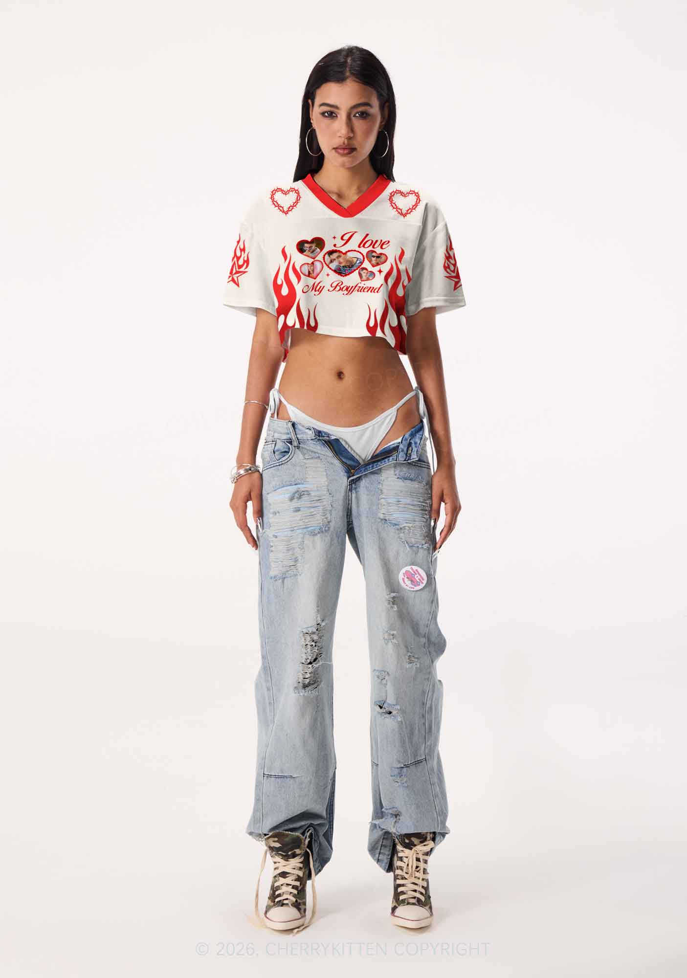 Creamy White Custom GF BF Photo Y2K Crop Sport Jersey Shirts Cherrykitten