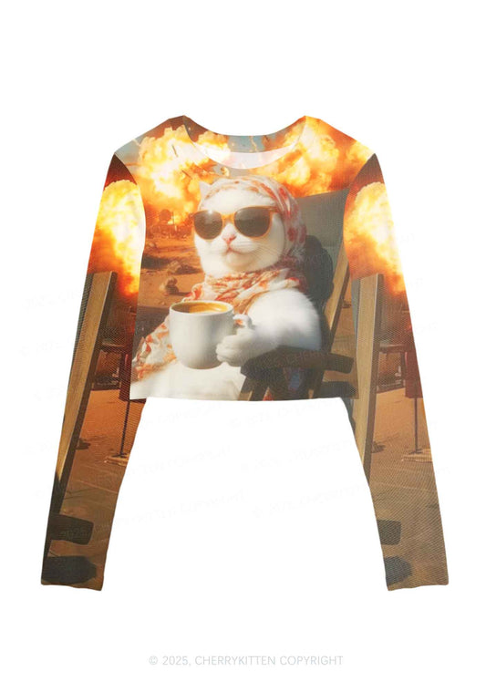 Cool Cat Enjoying Coffee Y2K Mesh Long Sleeve Crop Top Cherrykitten