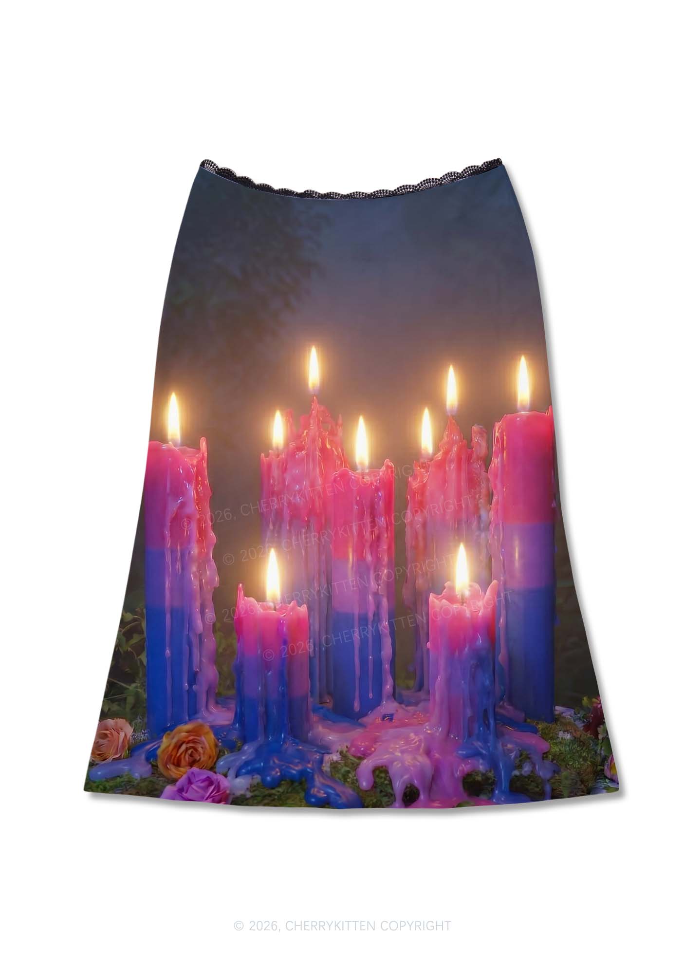 Bisexual Melting Candles Pride Y2K Print Midi Skirt Cherrykitten