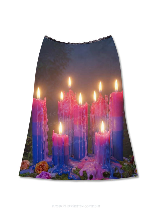 Bisexual Melting Candles Pride Y2K Print Midi Skirt Cherrykitten
