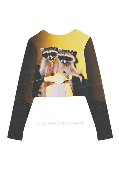 Raccoon Riders Y2K Mesh Long Sleeve Crop Top Cherrykitten