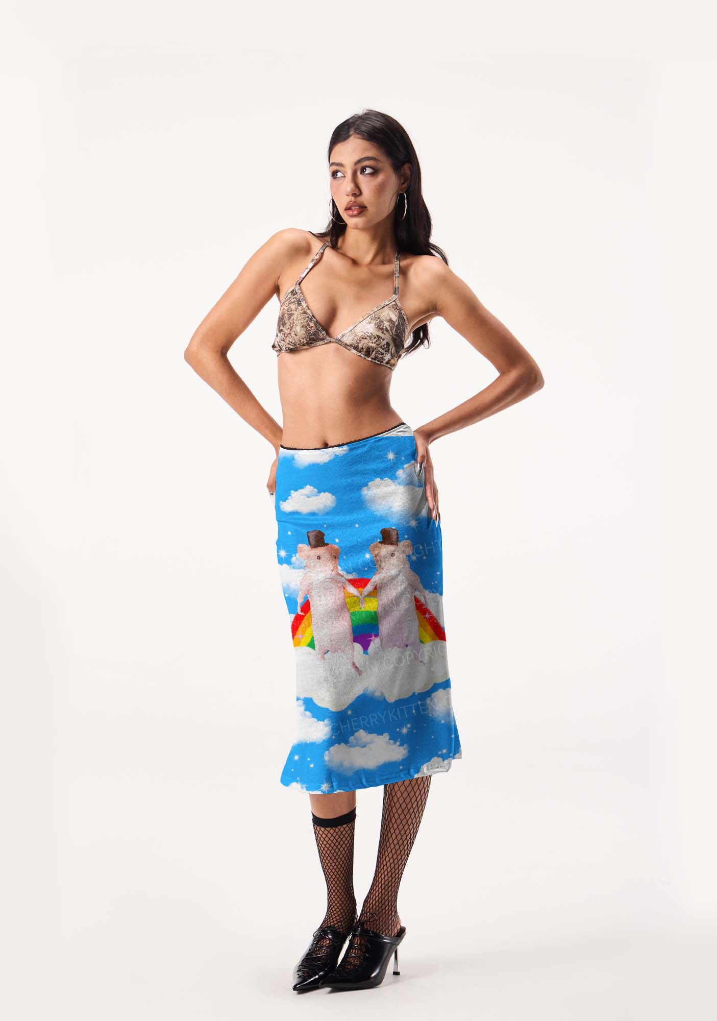 Rainbow Gay Rats Pride Y2K Print Midi Skirt Cherrykitten