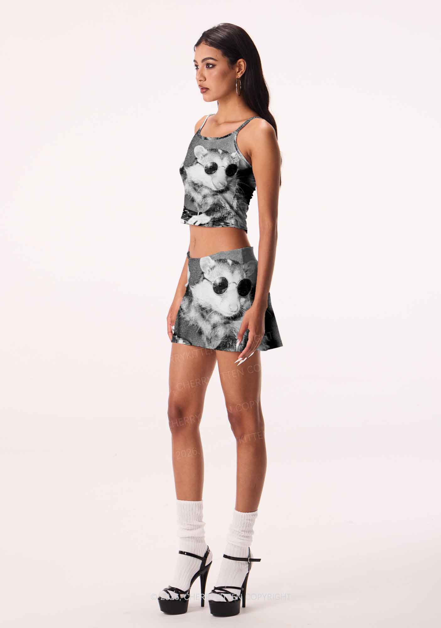 DJ Opossum Rock Y2K Print Mini Skirt Cherrykitten