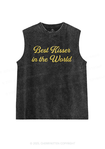 Glitter Best Kisser In The World Y2K Washed Muscle Tank Cherrykitten