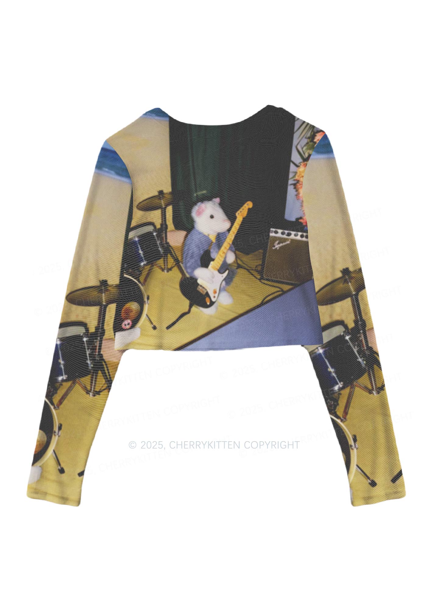 Hamster Rock Band Y2K Mesh Long Sleeve Crop Top Cherrykitten