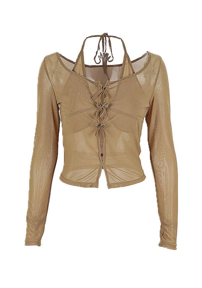 V Neck Bow See Through Long Sleeve Top Cherrykitten