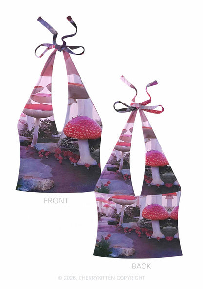 Pink Mushroom Y2K Print Halter Deep V Neck Cami Cherrykitten