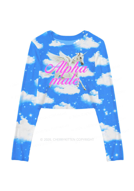 Blue Sky Alpha Male Unicorn Y2K Mesh Long Sleeve Crop Top Cherrykitten