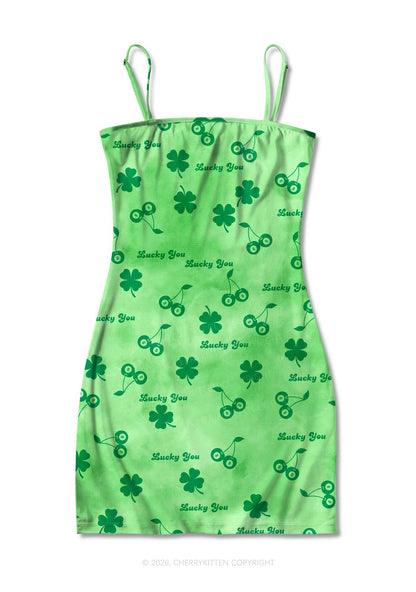 Lucky You Four Leaf Clover St Patricks Y2K Print Slip Dress Cherrykitten