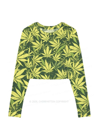 Green Wxxd Leaf Y2K Mesh Long Sleeve Crop Top Cherrykitten