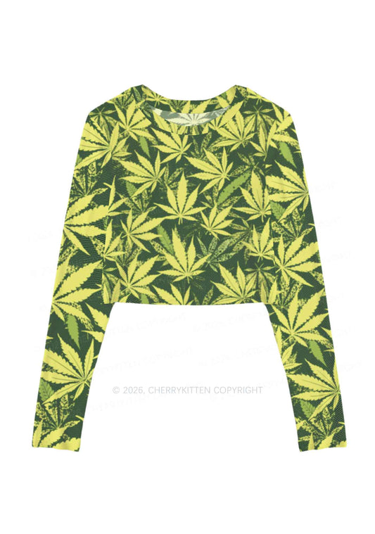 Green Wxxd Leaf Y2K Mesh Long Sleeve Crop Top Cherrykitten