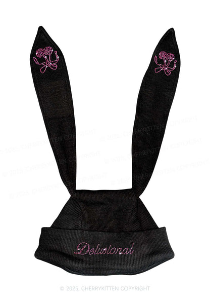 Rhinestone Delusional Y2K Bunny Ear Knitted Hat Cherrykitten