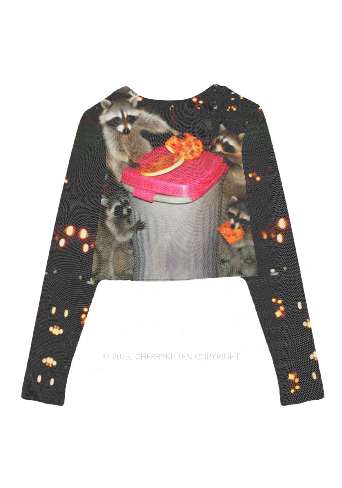 Raccoons Pizza Party Y2K Mesh Long Sleeve Crop Top Cherrykitten