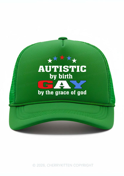 Autistic By Birth Gay Pride Y2K Trucker Hat Cherrykitten
