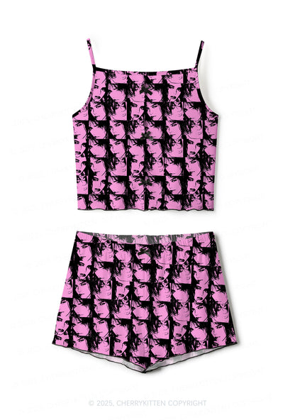 Pink Custom Portrait Valentine's Day Y2K Print Cami Shorts Pajama Set Cherrykitten