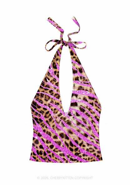 Sparkle Pink Leopard Y2K Print Halter Deep V Neck Cami Cherrykitten