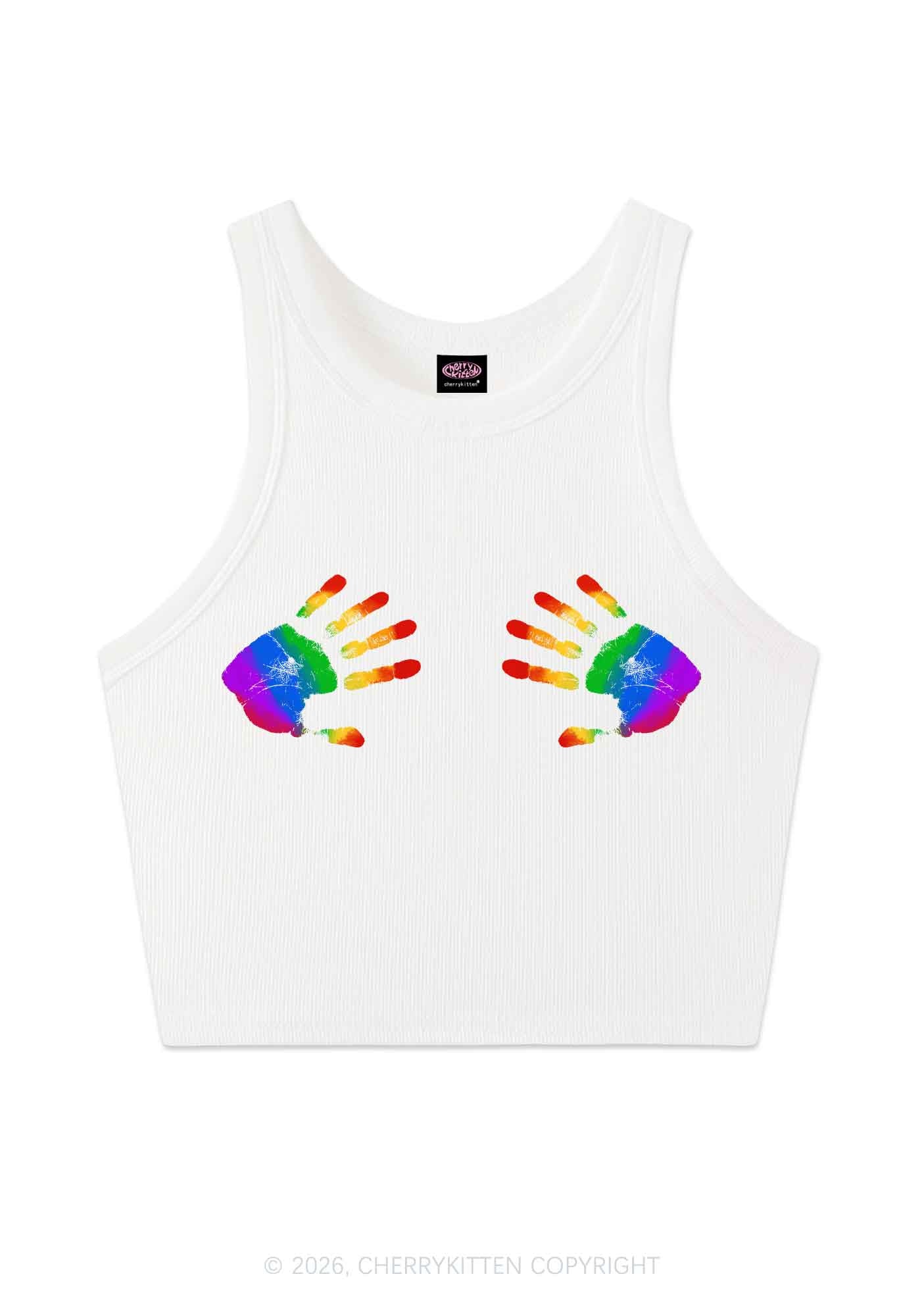 Rainbow Handprint Pride Y2K Crop Tank Top Cherrykitten