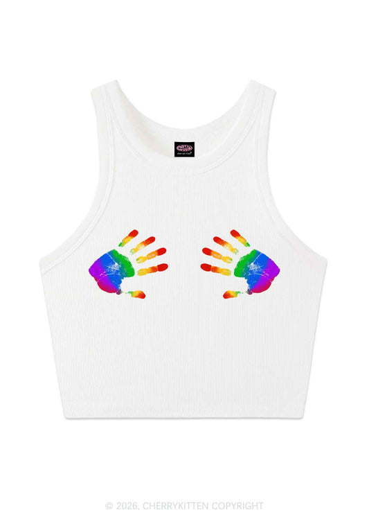 Rainbow Handprint Pride Y2K Crop Tank Top Cherrykitten
