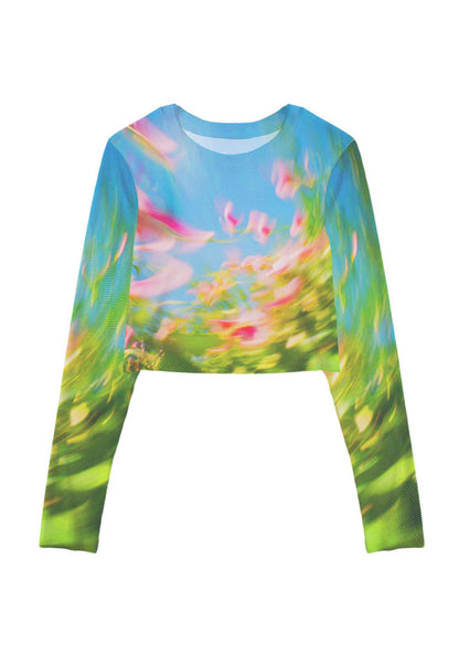 Blurred Blooms Y2K Mesh Long Sleeve Crop Top Cherrykitten