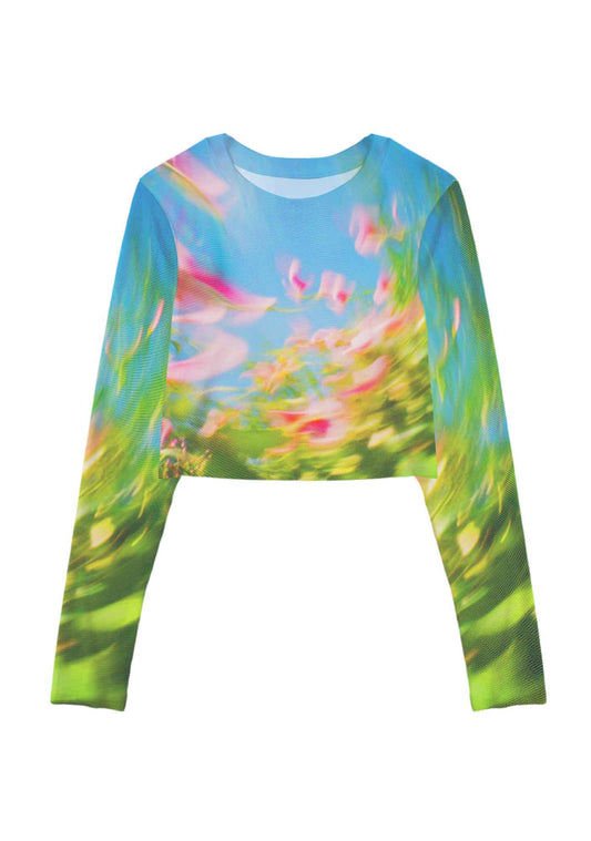 Blurred Blooms Y2K Mesh Long Sleeve Crop Top Cherrykitten