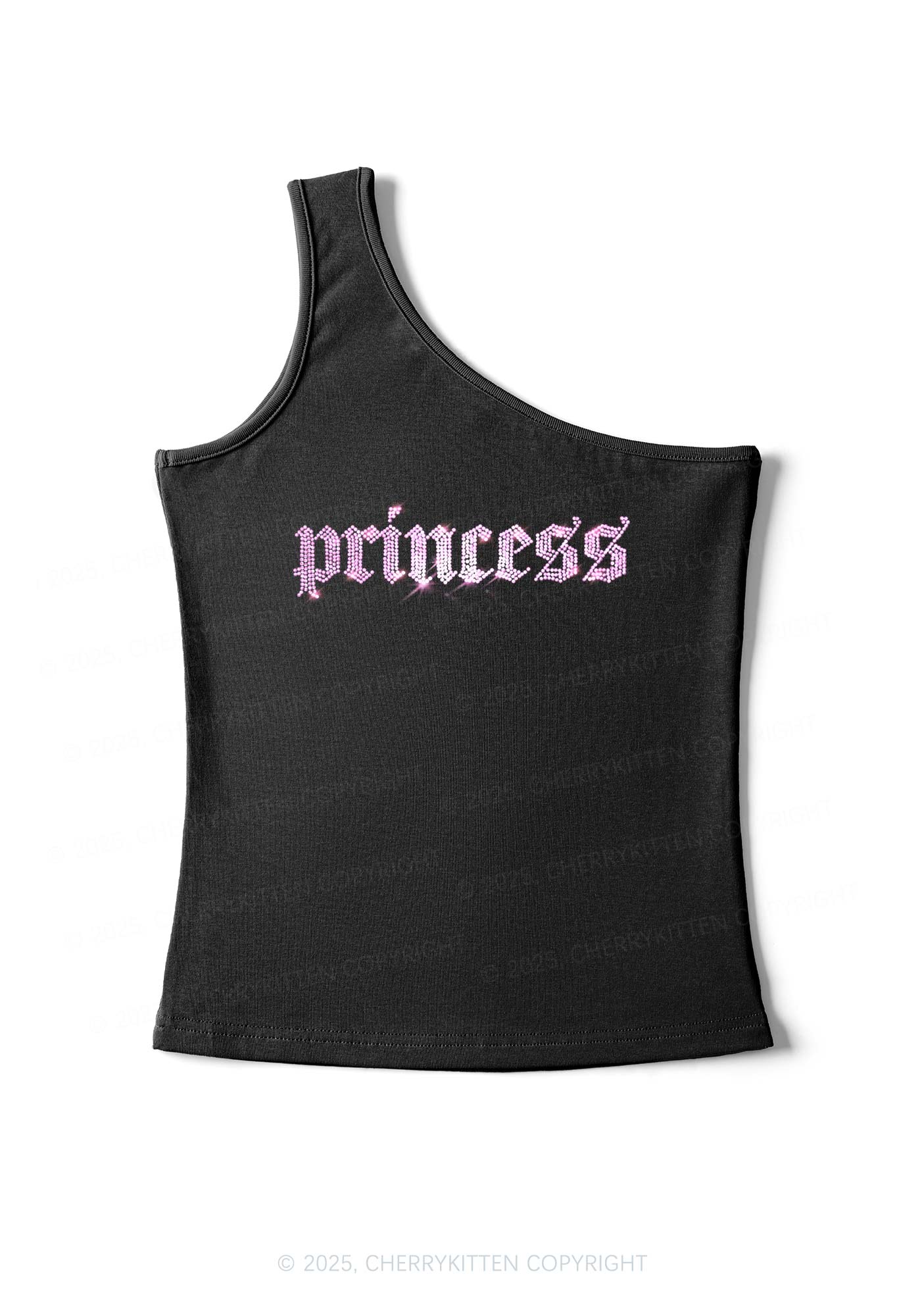 Rhinestone Princess Y2K One Shoulder Tank Top Cherrykitten