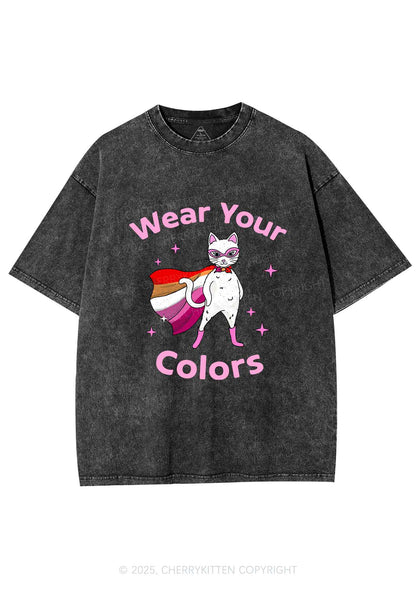 Lesbian Flag Cat Pride Y2K Shirts Washed Tee Cherrykitten