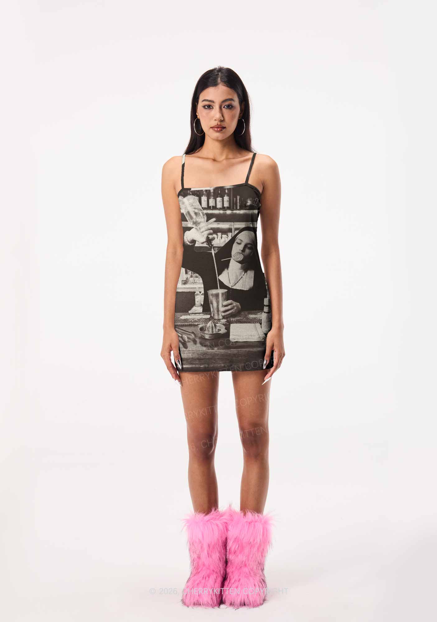 Nun Bartender Y2K Print Slip Dress Cherrykitten