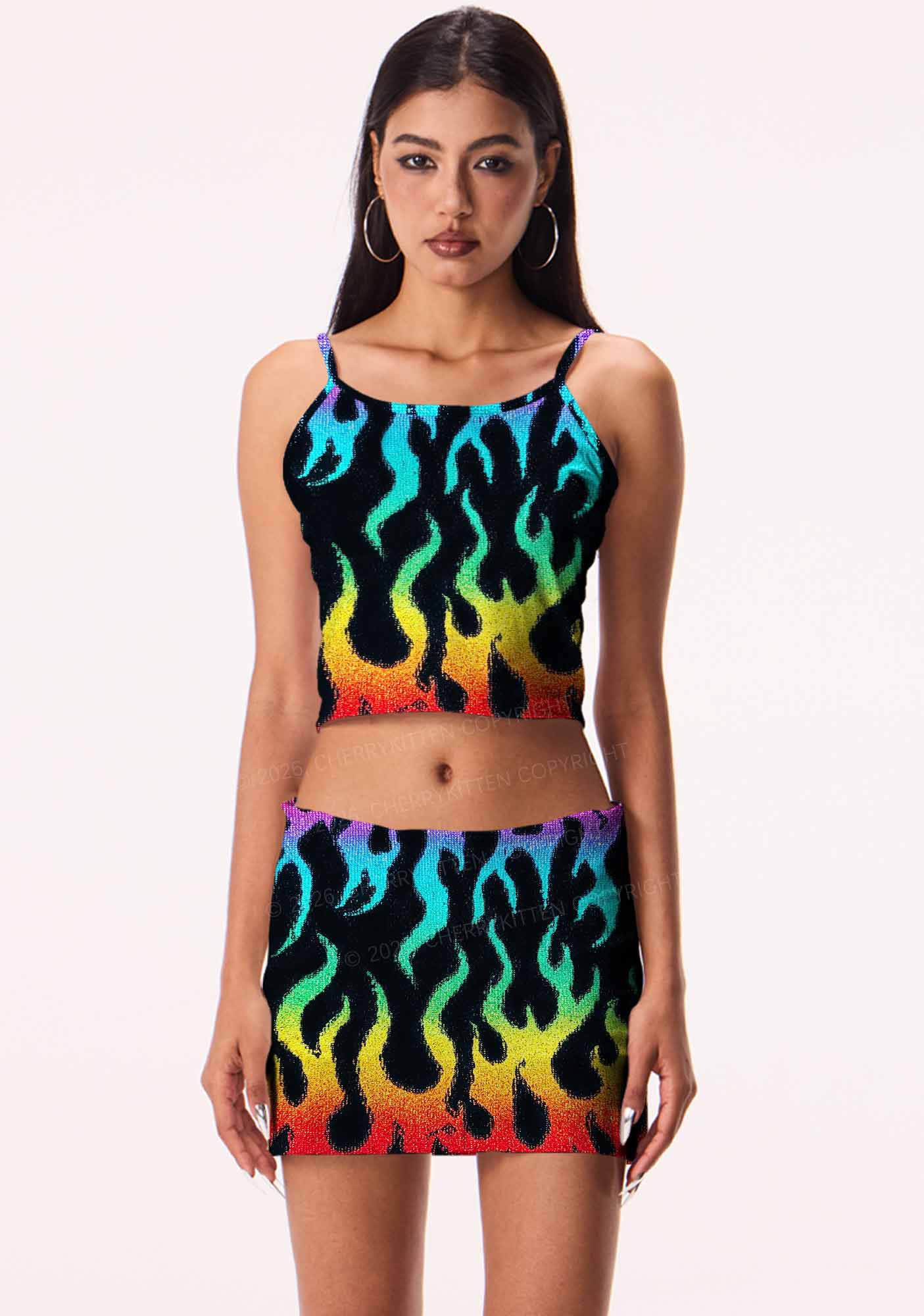 Rainbow Flame Pride Y2K Print Cami Crop Top Cherrykitten