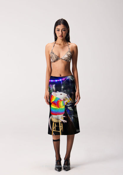 Rainbow Hoodie Rat Drinking Pride Y2K Print Midi Skirt Cherrykitten
