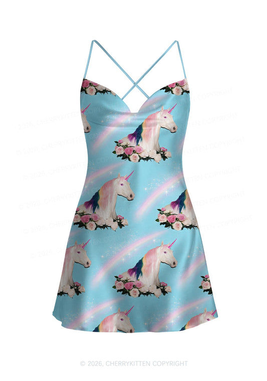 Blue Unicorn Y2K Print Satin Cowl Neck Slip Dress Cherrykitten
