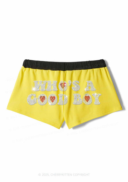 Rhinestone Whos A Good Boy Y2K Drawstring Mini Shorts Cherrykitten