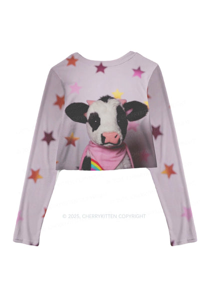 Cow Magic Stars Y2K Mesh Long Sleeve Crop Top Cherrykitten