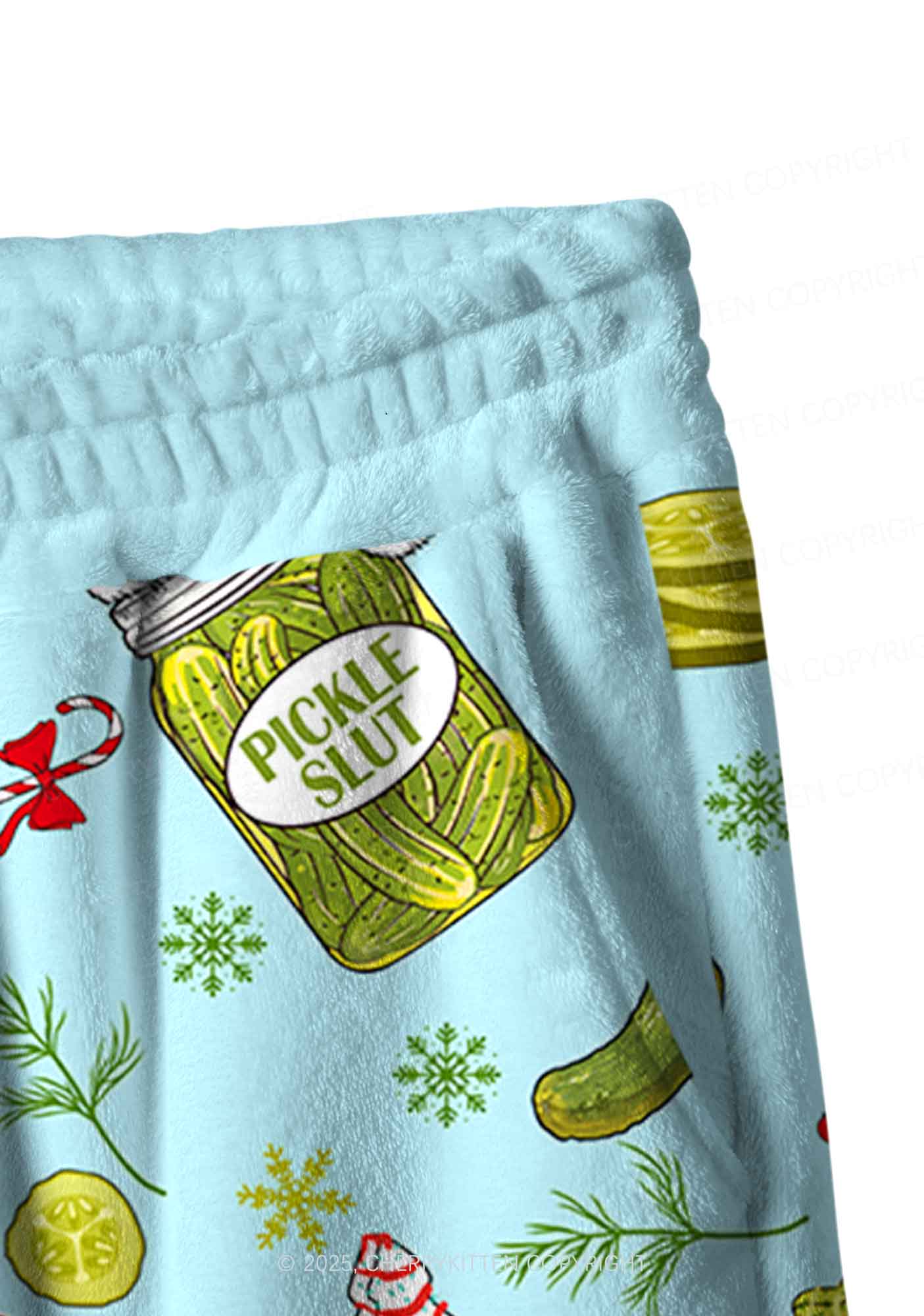 Christmas Green Santa Pickle Y2K Fleece Long Sleeve Pajama Set Cherrykitten