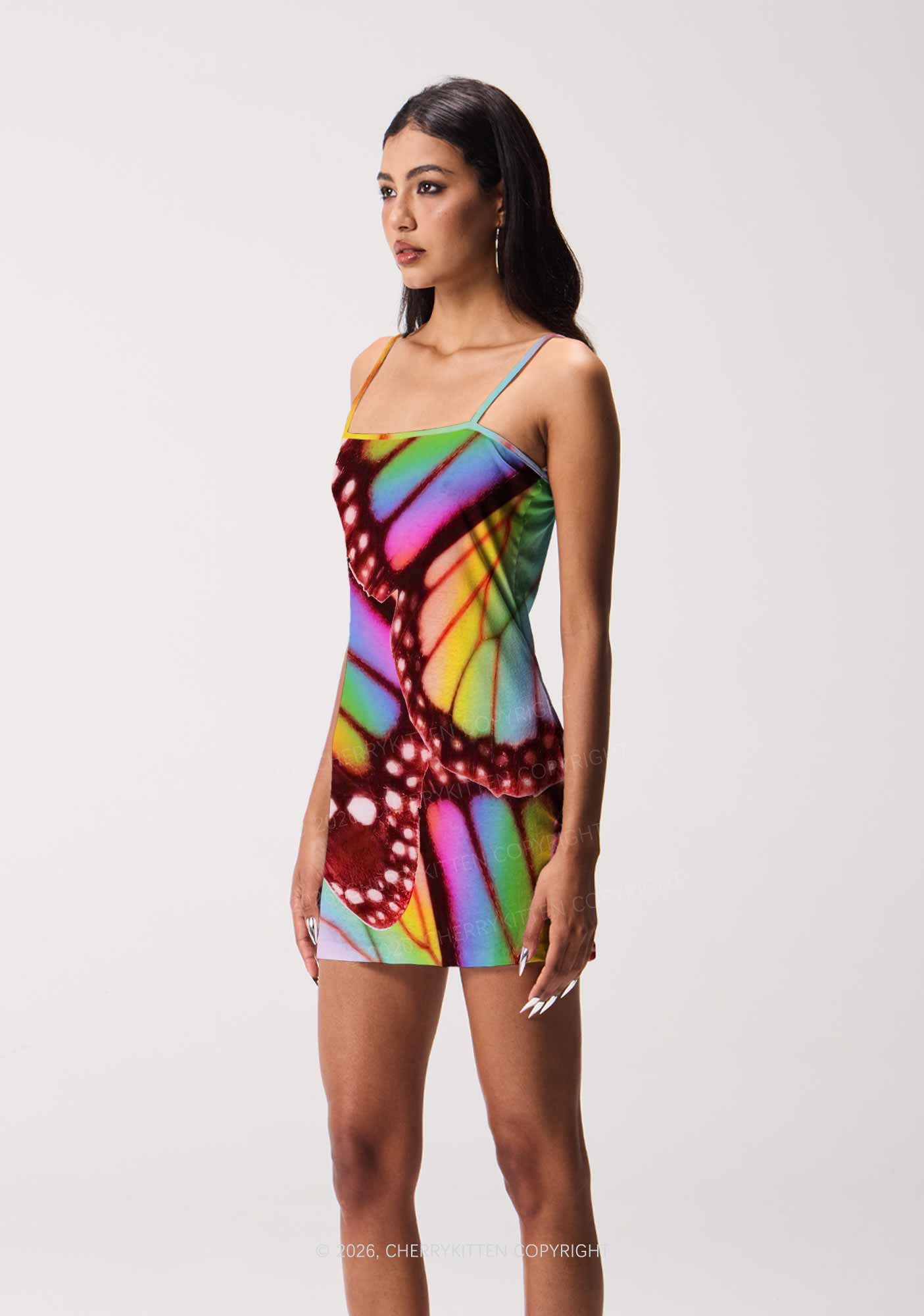 Cherrykitten Rainbow Butterfly Wing Pride Y2K Print Slip Dress Cherrykitten for Sale